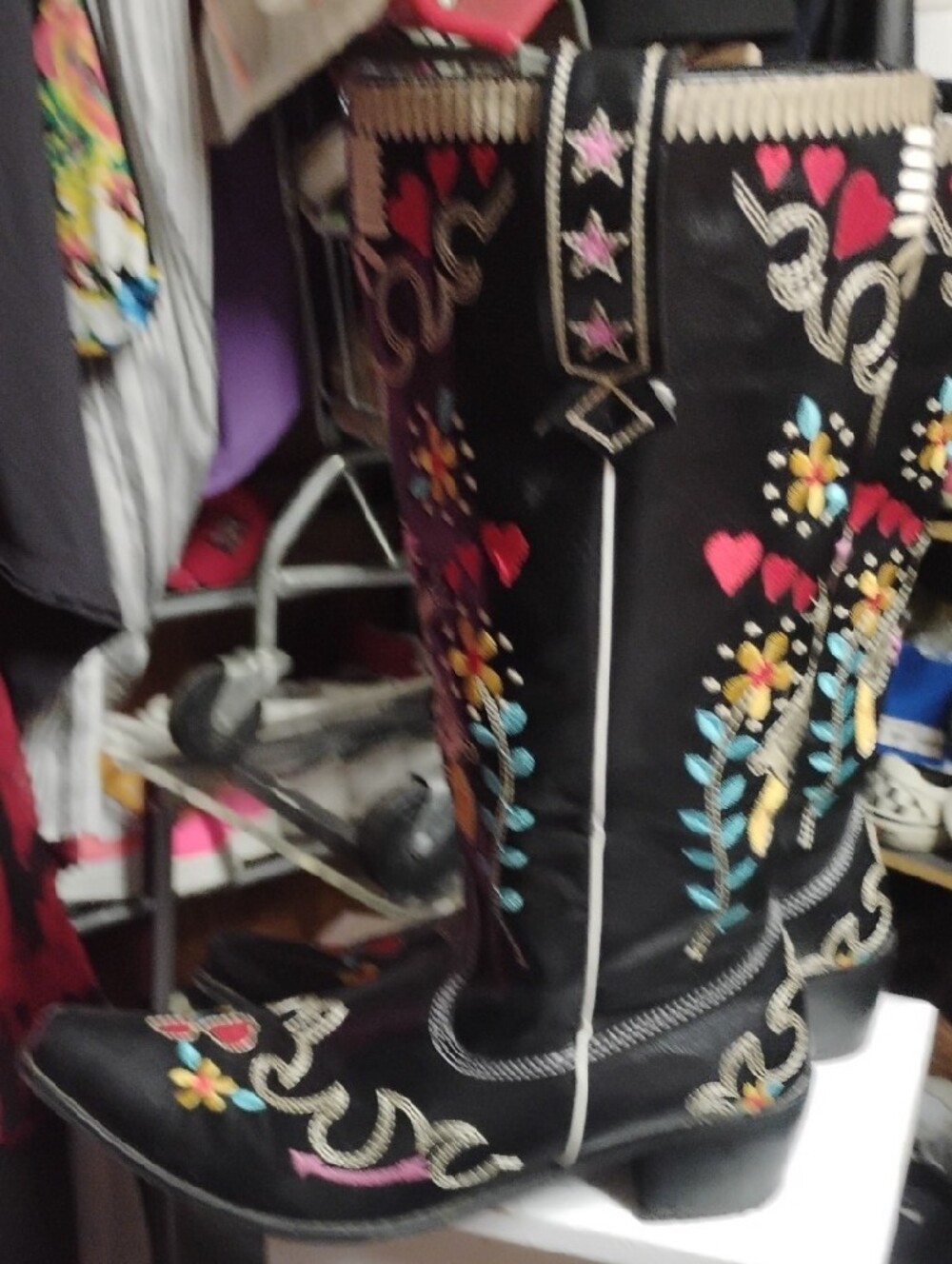 Embroidered Black Western Knee-High Boots with Colorful Floral & Gun Motif - Picture 4 of 8